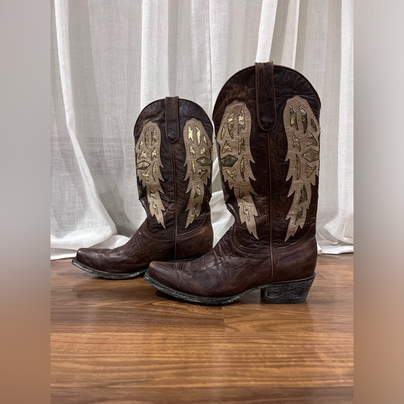 Yippy Kiyay Cowgirl BOOTS with Angel Wings and a CROSS Size 8 Brown Tan Gold - Picture 2 of 14